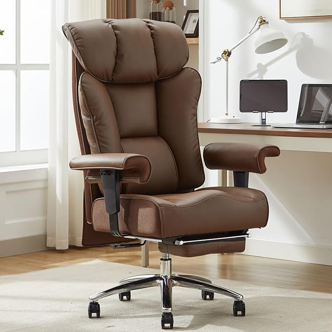 Big and Tall Ergonomic Office Chair 450LBS with Foot Rest, High Back PU Leather Executive Chair with Adjustable Padded Armrests, Lumbar Support for Home or Work, Heavy Duty Computer Chair, Brown-DeskLoop Office