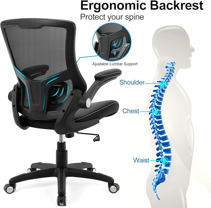Office Chair Ergonomic Desk Chair, Computer PU Leather Home Office Chair, Swivel Mesh Back Adjustable Lumbar Support Flip-up Arms Executive Task Chair-DeskLoop Office