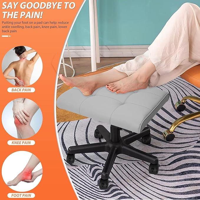 Footrest Under Desk Leg Rest Ottoman Adjustable Height Foot Stool with Wheels Leather Footrest Grey-DeskLoop Office
