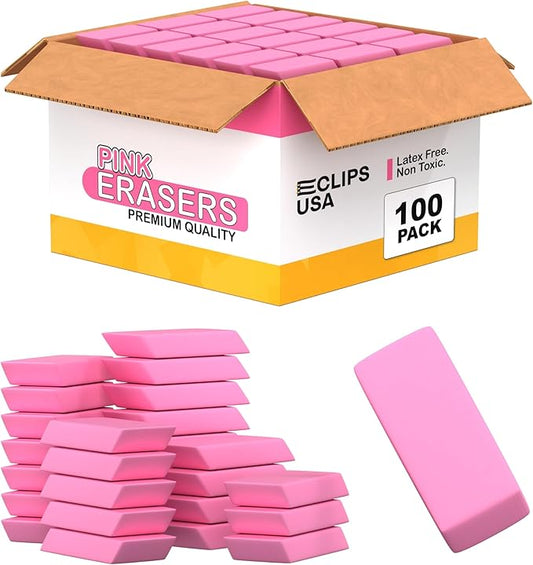 Erasers Bulk, 100 Pink Erasers for School, School Supplies for Kids-DeskLoop Office