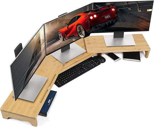 Nnewvante Monitor Stand Riser, 60 inch Large Bamboo Dual Monitor Stand for Desk, 3 Shelves Desktop Screen Riser with Adjustable Length Angle for Computer Laptop PC-DeskLoop Office