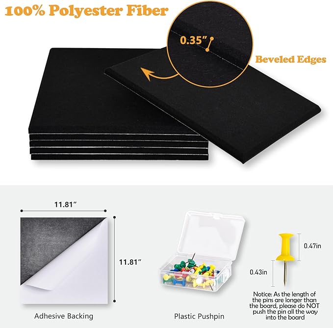 Large Cork Board for Wall with Pins, 36" x 24" Bulletin Board Self-Adhesive Pin Board | Customized 6 Packs Felt Tiles for Office Home Wall Decor, Black-DeskLoop Office