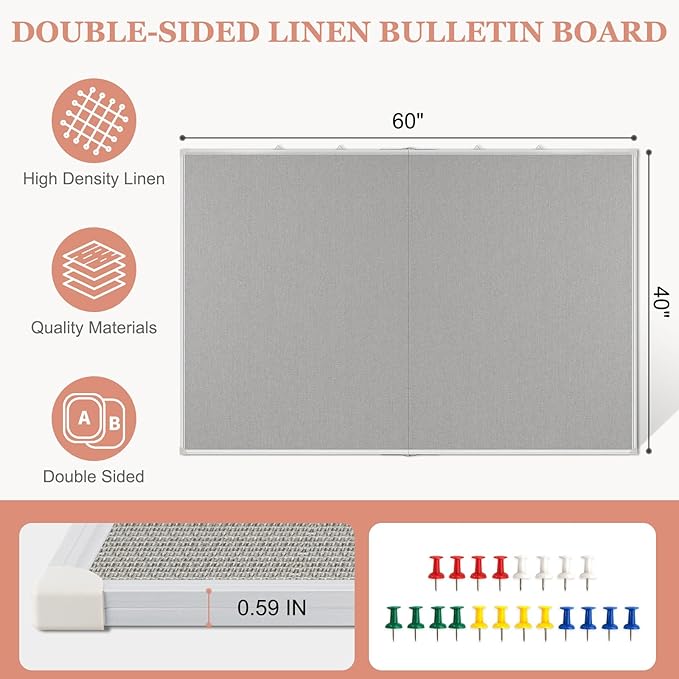 Double-Sided Large Cork Board with Linen, 48" x 36" Foldable Hanging Aluminum Framed Bulletin Board, Vision Board Pin Board Corkboards for Walls, Office, School Decor, 20 Pushpins-DeskLoop Office
