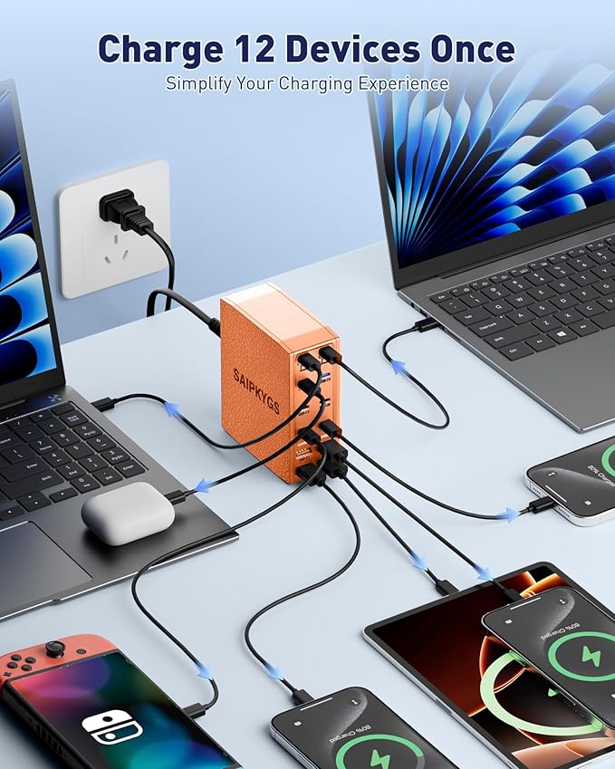 Charging Station (600W),12-Port USB C Charger Block with Dual 100W PD USB-C Fast Charging Station Hub for MacBook Pro/Air/All iPad iPhone 17/16 15/14/13/Pro Max/Samsung Galaxy Note(Orange)-DeskLoop Office