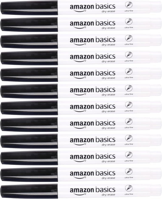 Amazon Basics Low Odor Ultra Fine Tip Dry Erase White Board Markers, Black, 12-Pack-DeskLoop Office