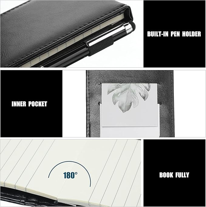 Outus 10 Pcs Pocket Notebook with Pen Set Included Mini Pocket Notepad Holder with 50 Lined Sheets, Metal Pen, 8 Pcs 3 x 5 Inch Memo Book Refills, 30 Lined Paper Per Note Pad (Black)-DeskLoop Office