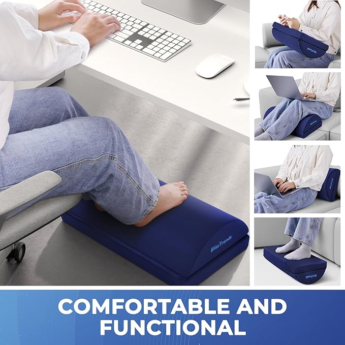 BlissTrends Foot Rest for Under Desk at Work-Versatile Foot Stool with Washable Cover-Comfortable Footrest with 2 Adjustable Heights for Car,Home and Office to Relieve Back,Lumbar,Knee Pain-Blue Long-DeskLoop Office