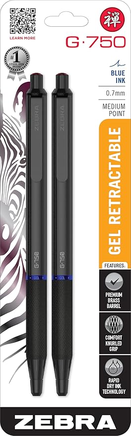 Zebra Pen G-750 Gel Pen 2-Pack, Blue Ink, 0.7mm Medium Point, Black Brass Barrel, Knurled Grip, Secure Metal Clip, Refillable (49822)-DeskLoop Office