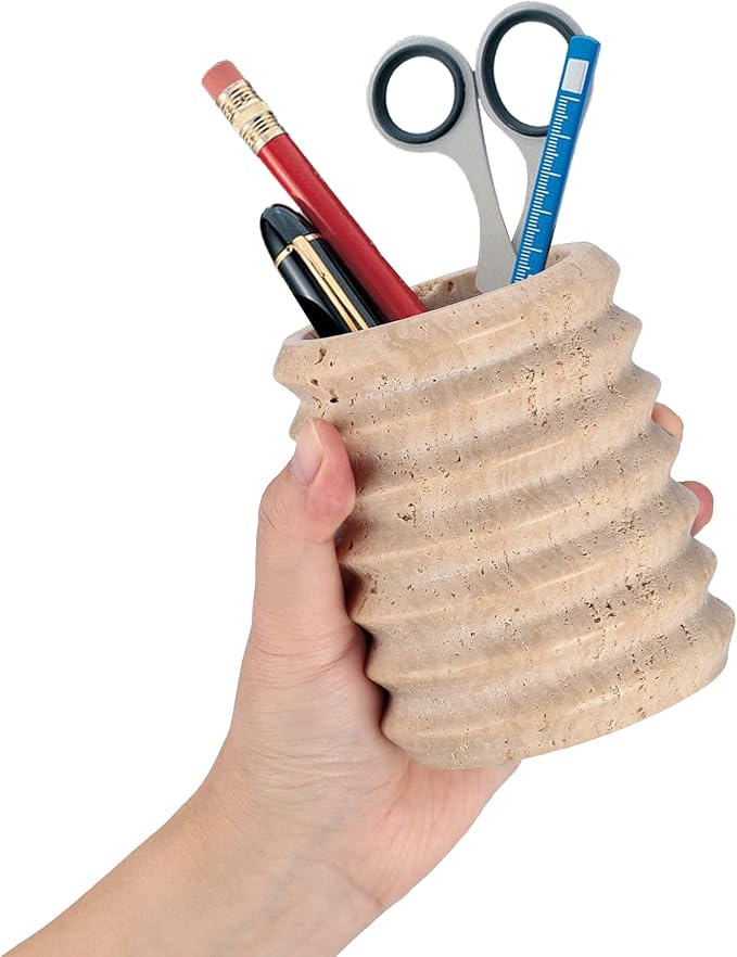 WORHE Pen Holder Stand for Desk, Natural Travertine Stone Makeup Brush Holders, Modern and Functional Pencil Cup for Office Supplies Tableware Organizer for Home Decor School Beige (PH90110)-DeskLoop Office
