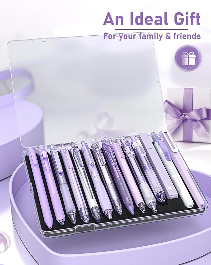 Four Candies 14Pack Pastel Gel Ink Pen Set,Cute Retractable 0.5mm Fine Point Pen,11 Pack Black Ink and 1 Pc Purple Ink Pens with 2Pcs Highlighter for School, Office, Mothers Day Gifts(Purple)-DeskLoop Office