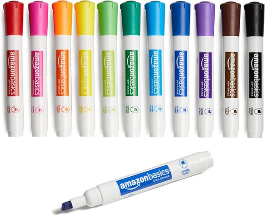 Amazon Basics Dry Erase Markers For Whiteboards, Chisel Tip, Low-Odor, Assorted Colors, Pack of 12-DeskLoop Office