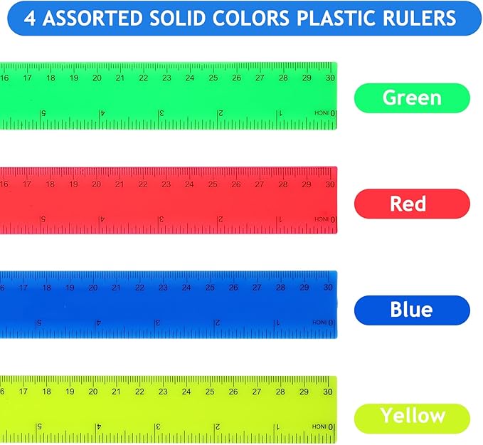 Zonon 100 Pcs 12 Inch Plastic Ruler Assorted Colors Rulers with Centimeters Millimeter and Inches Shatterproof Straightedge Bulk for Classroom School Home Office Kids(Plastic,Yellow, Green, Blue, Red)-DeskLoop Office