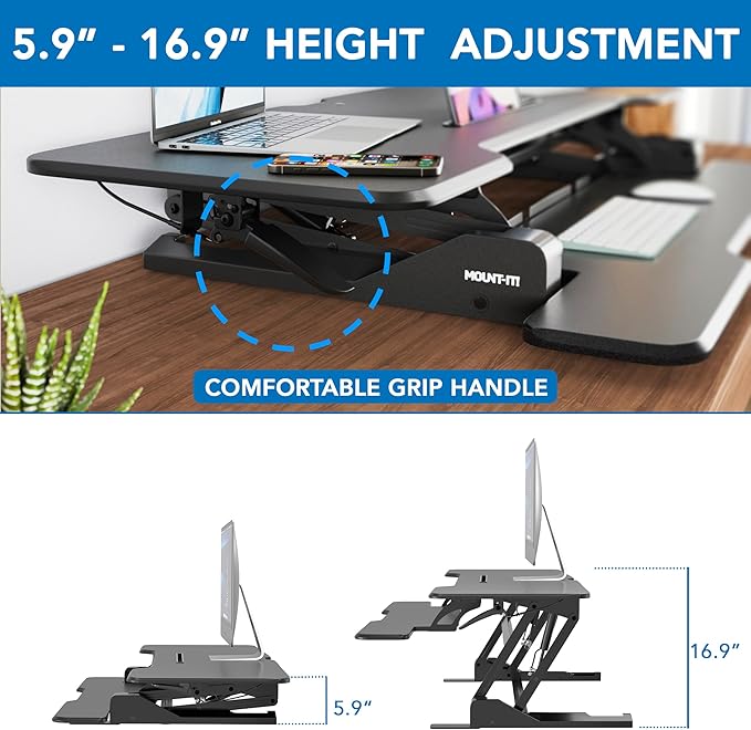Mount-It! 47" Standing Desk Converter, Large Wide Tabletop Height Adjustable Desk Riser with Gas Spring, Desktop Sit Stand Up Desk with Keyboard Tray Fits 2 Monitors or Monitor and Laptop, Black-DeskLoop Office