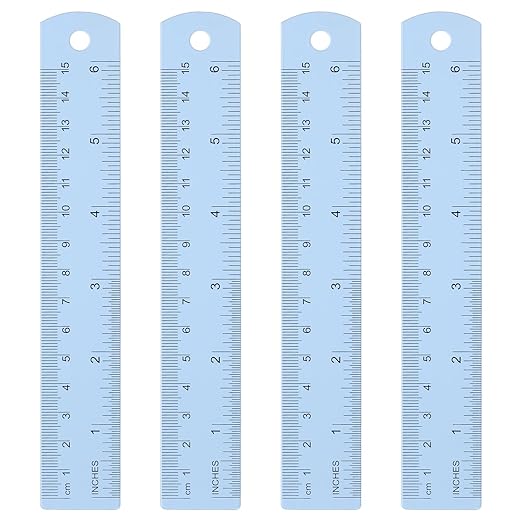 HARFINGTON 4pcs Metal Straight Ruler 15cm Metric SAE Aluminum Alloy Measuring Rulers Scale Tool with Hole for Measure Study Reading Classroom Office, Light Blue-DeskLoop Office