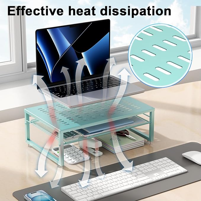 gianotter 2-Tier Metal Monitor Stand Riser, Desk Organizer for Monitor, Office Desk Storage Organizer for Office Supplies (Blue)-DeskLoop Office