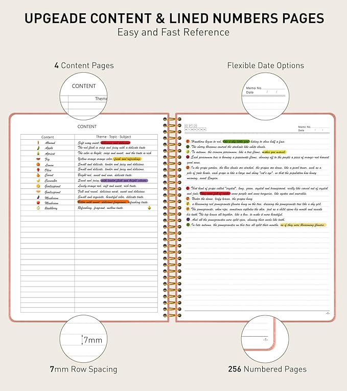 A4 Spiral Notebook Journal 8.5” x 11”, 256 Numbered Pages Hardcover Leather Journals for Women Men, Large Lined College Ruled Notebooks, 100GSM Thick Paper, Spiral Bound Journal for Work School, Pink-DeskLoop Office