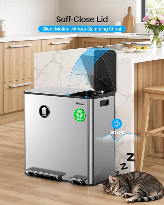 Dual Trash and Recycling Bins for Kitchen, 13.2 + 5.2 Gal (50+20L) Stainless Steel Trash and Recycle Bin Combo with Soft-Close Lid, Large Garbage Cans for Kitchen Home with 2 Magnets Sticker, Silver-DeskLoop Office