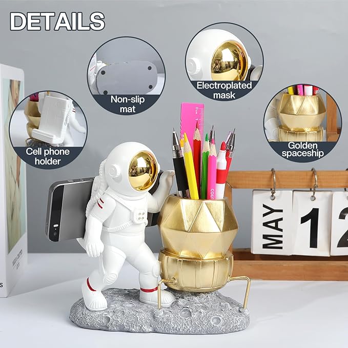 Astronaut Pen Pencil Holder with Phone Stand Resin Spaceman Pencil Holder Desk Pen Holder Organizer Decorative Accessories Suitable Office Classroom Home Creative Gifts for Adults and Kids-DeskLoop Office