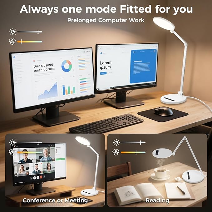 LED Desk Lamp for Home Office, Eye-Caring Desk Light for Video Call, Dimmable 3 Color Temperature 10 Brightness Computer Light, Led Desk Light, Memory & Timer Func, Adjustable Flexible Swing Arm-DeskLoop Office