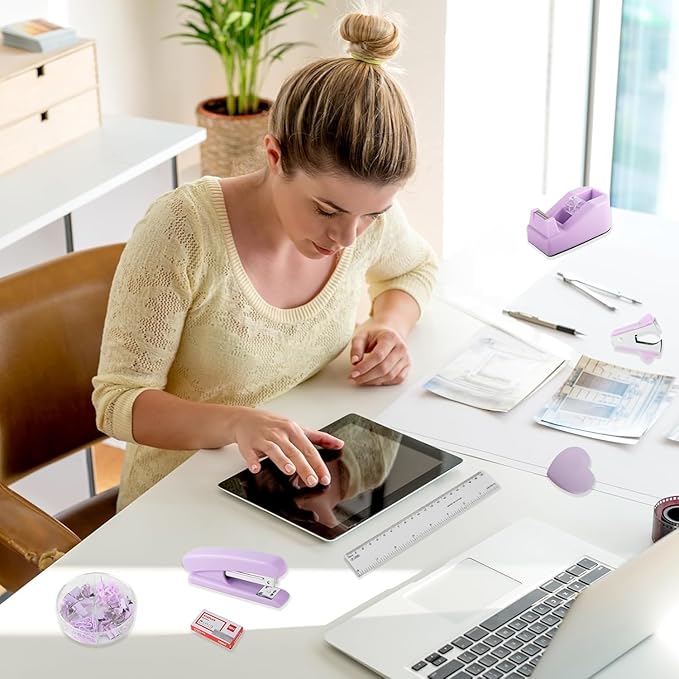 Office Supplies Set, Purple Stapler and Tape Dispenser Set with Staple Remover, Stapler and Staples Set with 1000 Staples, Clips, Tape, Scissor and Tabs, Desk Accessories for Women Student-DeskLoop Office