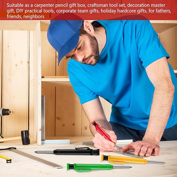 8 pack 2.8mm Mechanical Carpenter Pencils with 48 Refills, Construction Pencils with Built-in Sharpener, Long Nib Deep Hole Marker, Heavy Duty Woodworking Tools(Black+yellow+red+green)-DeskLoop Office