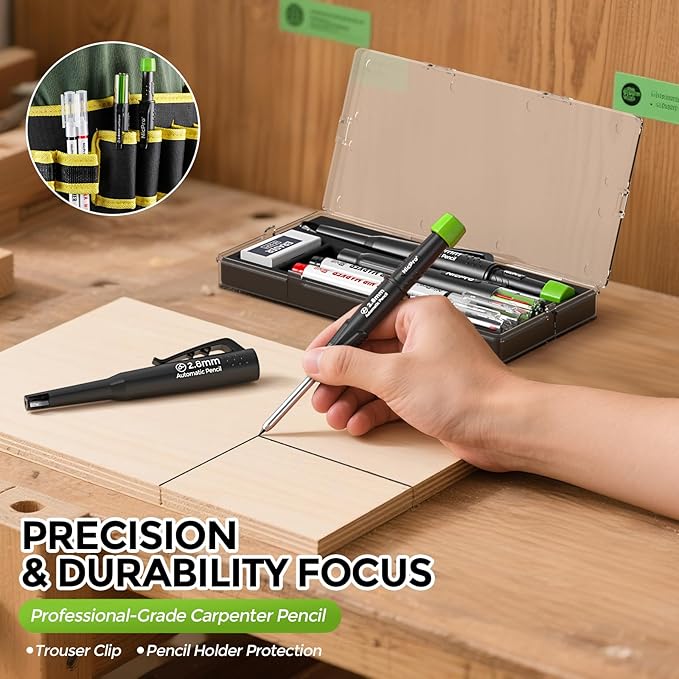 Nicpro Carpenter Pencil with Sharpener & Belt Clip, CP3000 Mechanical Pencils with 6 Refills in a Lead Dispenser, Deep Hole Long Nib Marker Pens for Construction, Woodworking Marking Carpenter Tools