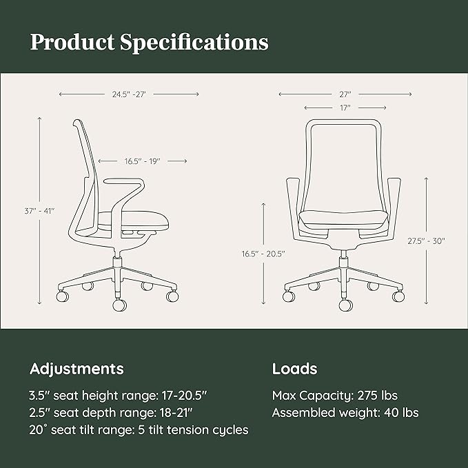 Branch Verve Chair - High Performance Executive Office Chair with Contoured Seat Back and Adjustable Lumbar Rest - High Density Foam Cushion with Aluminum Base - Up to 275 lbs - Mist-DeskLoop Office