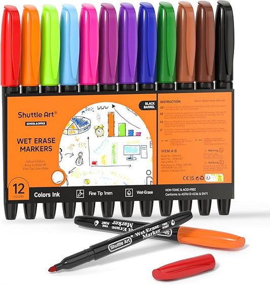 Shuttle Art Wet Erase Markers, 12 Colors 1mm Fine Tip Smudge-Free Markers, Use on Laminated Calendars,Overhead Projectors,Schedules,Whiteboards,Transparencies,Glass,Wipe with Water-DeskLoop Office