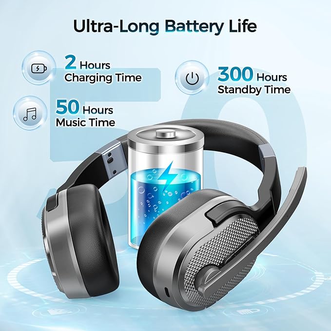 Trucker Bluetooth Headset, Wireless Headsets with Noise Cancelling Microphone, 50+Hrs HD Talktime Bluetooth Headphones with Detachable Earpad/Single+Dual Mode for Office/Driving/Home (Silver)-DeskLoop Office