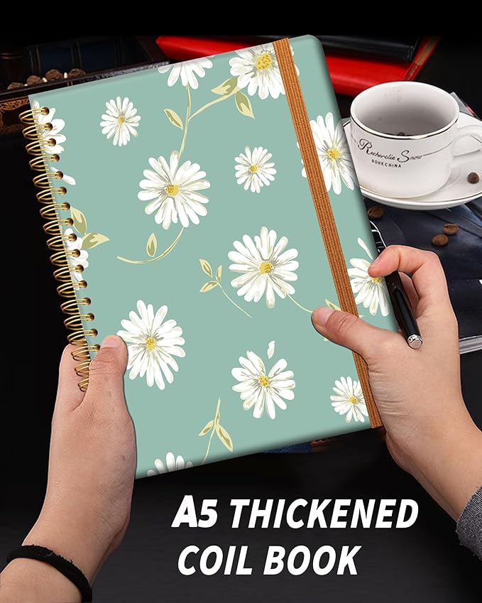 Ruled Spiral Writing Notebook,A5 Hardcover Lined College Journal for Women Lady,Fashion Puppy Watercolor Strong Twin-Wire Binding with Premium Paper,8.4" X 6",Perfect for School,Office,Home Gifts(Beautiful Daisy)-DeskLoop Office