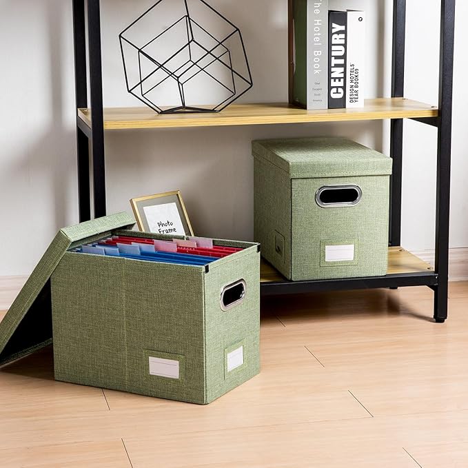 PRANDOM File Organizer Box - Set of 4 Collapsible Decorative Linen Filing Storage Hanging File Folders with Lids Office Cabinet Letter Size Green (14x9.3x10.8 inch)-DeskLoop Office