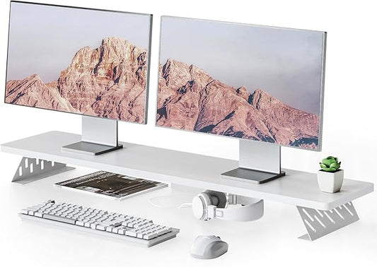 Fenge Dual Monitor Stand Riser, 42.5 Inch Desk Top Shelf for 2 Monitors, Computer Stands for Desk, Wood & Steel Desktop Riser for Laptop, PC, Printer-DeskLoop Office