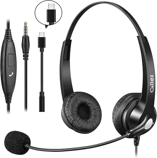 Callez Wired Computer Headset, 3.5mm/USB-C Headset with Mic Noise Cancelling for Work, Cell Phone Headphone for PC Laptop Mac iPhone Samsung Zoom Teams Call Center Home Office, in-line Controls-DeskLoop Office