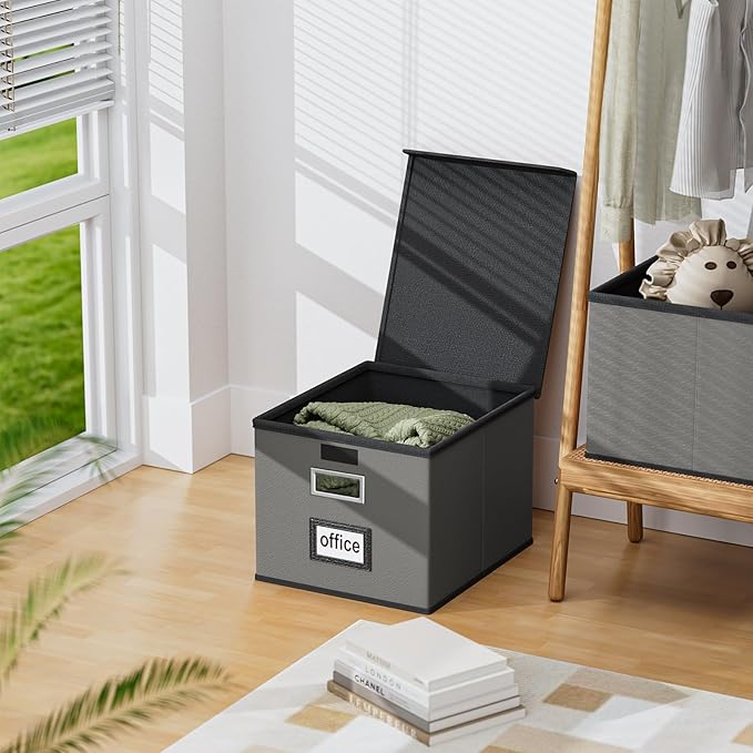 Huolewa File Organizer Boxes with Lids, Collapsible Faux Leather Hanging File Folder Box Organizer with Plastic Slide, Decorative Home/Office Filing System Boxes for File and Folders Storage-DeskLoop Office