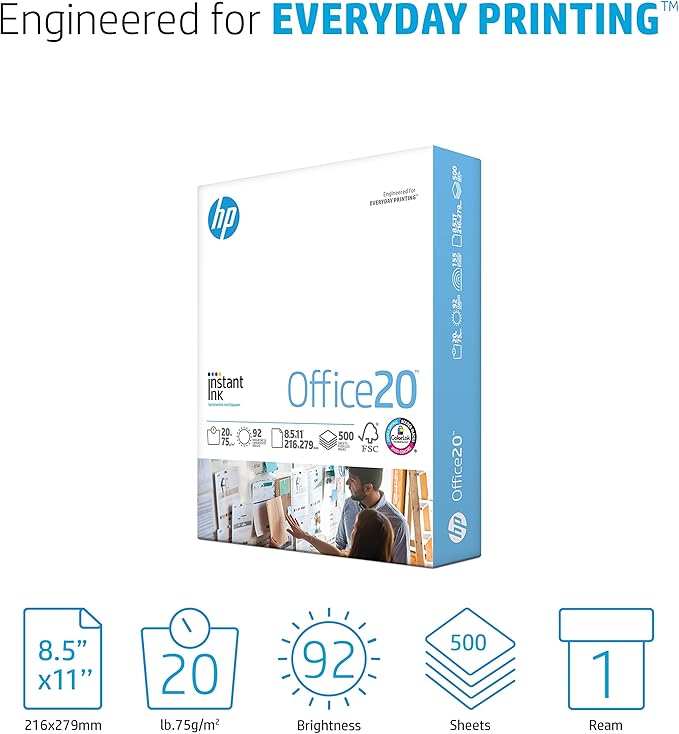 HP Papers | 8.5x11 Paper |Office 20 lb | 1 Ream - 500 Sheets | 92 Bright | Made in USA - FSC Certified | 112150R-DeskLoop Office