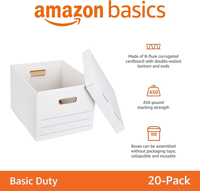 Amazon Basics Storage/Filing Boxes with Lift-Off Lid - Letter/Legal Size, Sturdy, Easy Assembly, White, 16.2" L x 12.5" W x 10.5" H, Pack of 20-DeskLoop Office