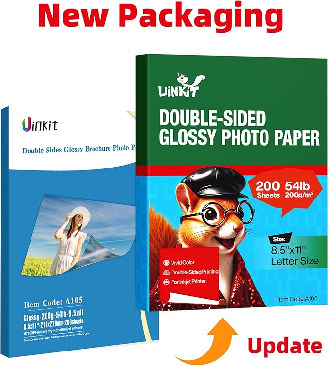 Uinkit 200 Sheets Double Sided Photo Paper Glossy 8.5x11 54lbs Inkjet for Dye Ink 200Gsm Value Bulk Pack Picture 8.5 x 11 9.5Mil for Inkjet Printing Printer (200sheets, 8.5x11)-DeskLoop Office