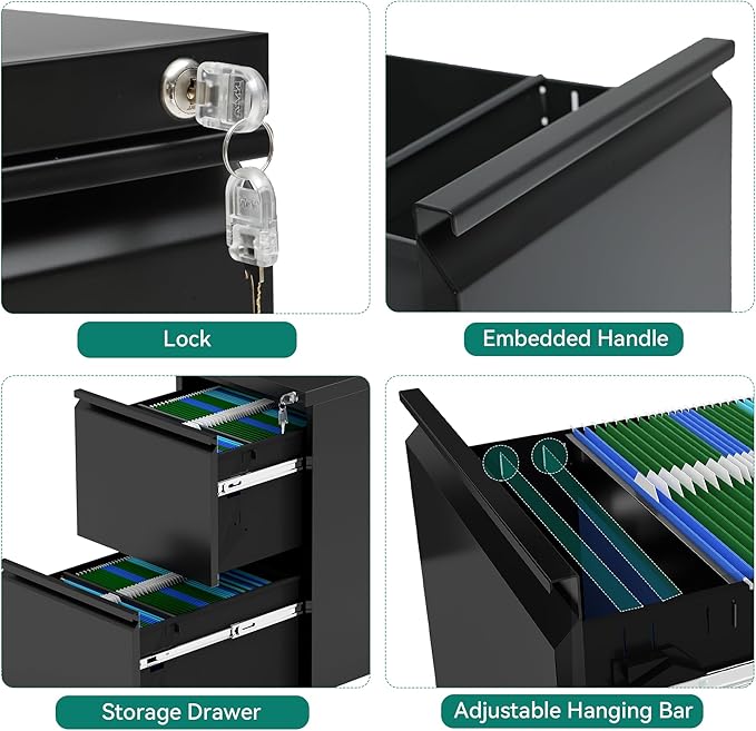 YITAHOME 2 Drawer File Cabinet with Lock, Mobile Metal Filing Cabinet for Letters/Legal/A4 Size, Home Office & Business Enterprise, Fully Assembled Except Wheels, Black-DeskLoop Office