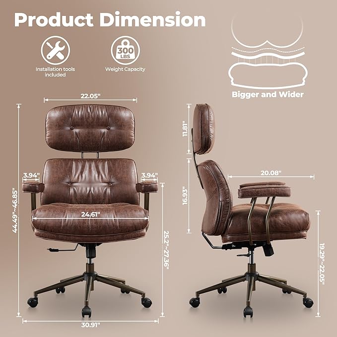 ovios Ergonomic Home Office Chair, Mid-Century Modern Faux Leather Chairs with Thickened Cushions, Comfy High Back Swivel Rolling Executive Computer Armchair (Dark Brown, Suede Leather)-DeskLoop Office
