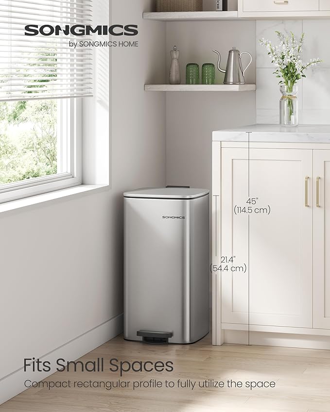 SONGMICS Kitchen Trash Can, 8-Gallon (30 L) Trash Bin, Stainless Steel Garbage Can, with Inner Bucket, Soft Close and Stays Open, Metallic Silver ULTB593E01-DeskLoop Office