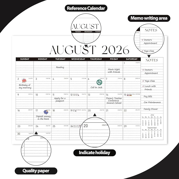 Desk Calendar 2025-2026, Monthly Desktop Large Calendar (July 2025-December 2026) Desk Wall Planner for Family Office Teacher School, 17" x 12" Black-White-DeskLoop Office