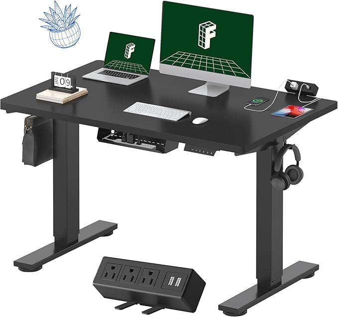 FLEXISPOT EN2 Whole-Piece Standing Desk with Clamp Power Strip, 48 x 30 Electric Stand Up Height Adjustable Desk with Cable Management (Black Frame + 48" Black Top, 2 Packages)-DeskLoop Office