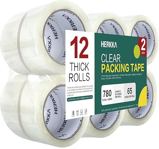 HERKKA Clear Packing Tape, 12 Rolls Heavy Duty Packaging Tape for Shipping Packaging Moving Sealing, Thicker Clear Packing Tape, 2 inches Wide, 65 Yards Per Roll, 780 Total Yards-DeskLoop Office