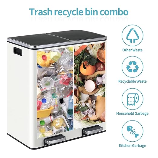 16 Gallon Rectangular Stainless Steel Trash Can, Dual Compartment Garbage Bin with Recycling Combo, Metal Dustbin Lid, Removable Liner, Indoor Hands Free Waste Bucket for Kitchen Home-DeskLoop Office