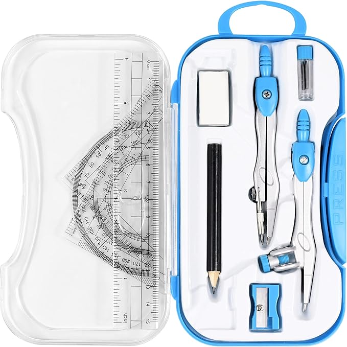 10 Pieces Math Geometry Kit Set Student Supplies with Shatterproof Storage Box,Includes Rulers,Protractor,Compass,Eraser,Pencil Sharpener,Lead Refills,Pencil,for School and Drawings(Blue)-DeskLoop Office