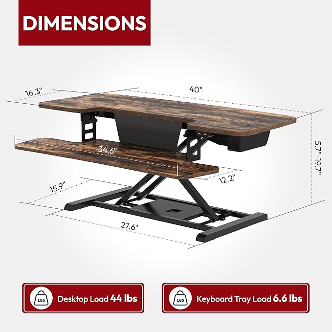 SANODESK Standing Desk Converter with Electric Motor 40" Height Adjustable Riser for Office Home,Dual Monitor and Laptop Workstation with Large Keyboard Tray,Rustic Color-DeskLoop Office