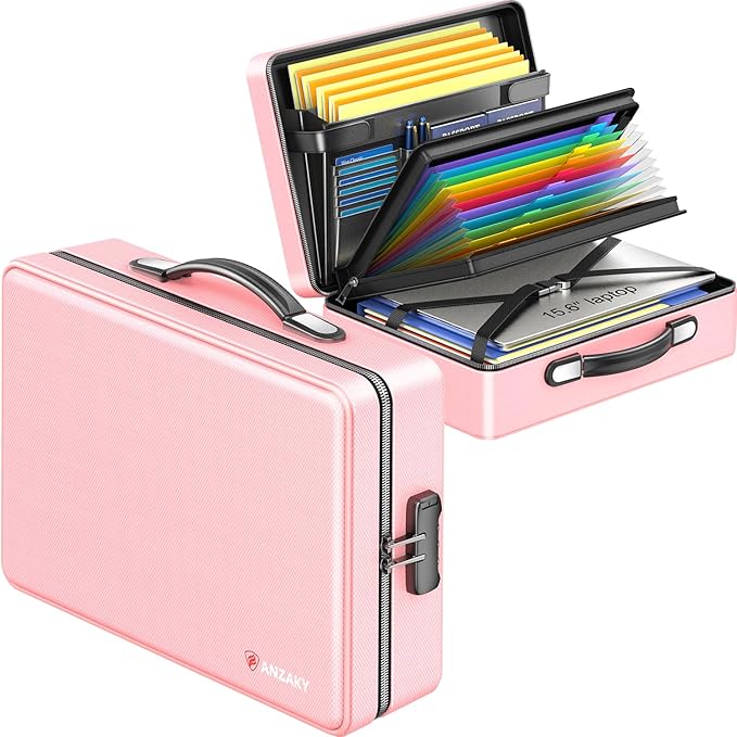 Fireproof Document Box with Fireproof Zipper, Hard Inner Shell Fireproof Document Bag with Lock, Fireproof Water Resistant Important Document Organizer 16 inch Laptop File Briefcase (Pink)-DeskLoop Office