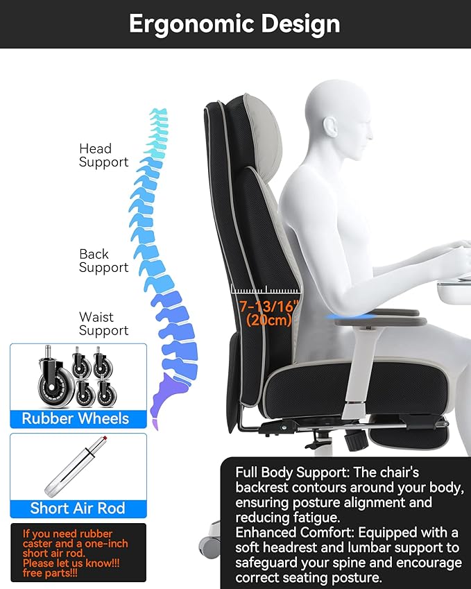 DJ·Wang Big and Tall Office Chair 400lbs with Foot Rest, High Back Executive Office Chair with Extra-Thick Spring Cushion, Ergonomic Leather Chairs Gray-DeskLoop Office