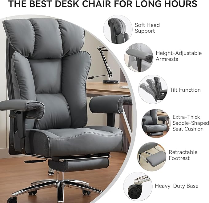 Efomao Big and Tall Office Chair 450LBS with Foot Rest, High Back PU Leather Executive Chair with Adjustable Padded Armrests, Lumbar Support for Home or Work, Heavy Duty Computer Chair, Grey-DeskLoop Office