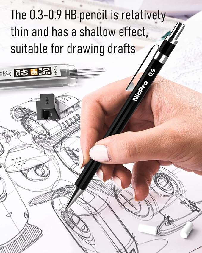 Nicpro Black Art Mechanical Pencil Set in Case, Metal Drafting Pencils 0.3, 0.5, 0.7, 0.9 & 2mm Graphite Holders (2H HB 2B 4B Colored Lead) for Sketching Drawing with 9 Lead Refills, 2 Erasers-DeskLoop Office